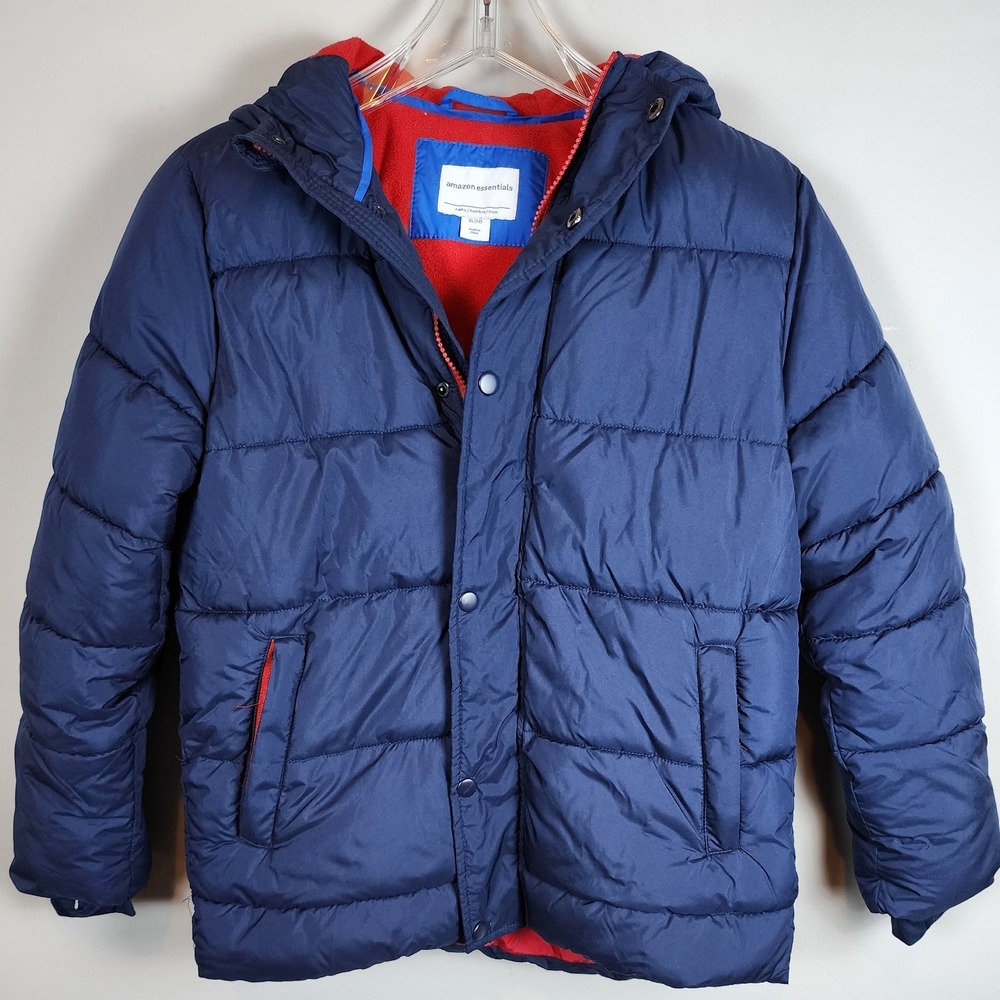 Amazon‎ Essentials Kids Puffer Jacket Navy Blue Red Lined Hooded Sz XL 12
